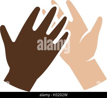 Isolierte abstrakte dunkle und helle Haut menschliche Hände zusammen Logo. Den hohen fünf schwarzen und weiße Menschen die Hände Logo. Internationale Freundschaft Zeichen. Symbol für Gleichberechtigung. Vektor-Illustration. Stock Vektor