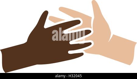 Isolierte abstrakte dunkle und helle Haut menschliche Hände zusammen Logo. Schwarz und weiß Menschen Freundschaft Schriftzug. Geben Sie fünf Geste. Interracial Hilfe Zeichen. Symbol für Gleichberechtigung. Vektor-Illustration. Stock Vektor