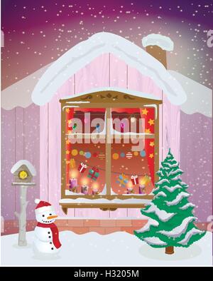 Vektor Winter Nachtaufnahme des Fensters mit Weihnachten Kerzen, Lichter und Geschenke Stock Vektor