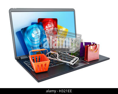 Einkaufswagen, Kreditkarten und Taschen auf Laptop-Computer isoliert auf weißem Hintergrund stehen. 3D Illustration. Stockfoto