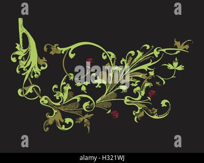 Handgezeichnete Abbildung der Erdbeere Büsche Vektor. Zweig mit Knospen und Beeren. Pflanzliche Ornament auf schwarzem Hintergrund bunt Stock Vektor