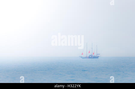 Schönes Schiff mit scharlachroten Segel am Meereshorizont Stockfoto