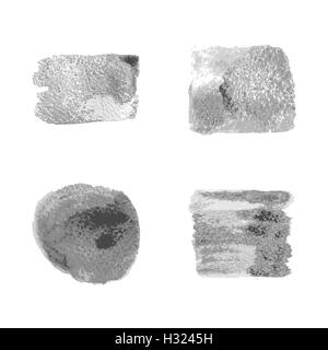 Silber Vektorpinsel Abstrich Schlaganfall Flecken auf weißem Hintergrund gesetzt. Abstrakt grau glitzernden texturiert Kunst Illustration. Stock Vektor
