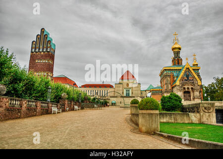 August 2016, Mathildenhöhe in Darmstadt (Deutschland), die ein Museum Hochzeitsturm und eine russisch-orthodoxe Kirche beinhaltet Stockfoto