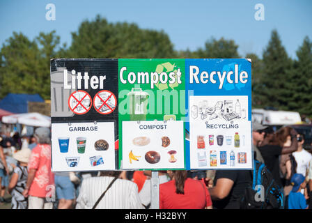 Ein Schild über Mülltonnen erklären, welche Gegenstände gehören in der Einstreu, Kompost oder Container zu recyceln. Stockfoto