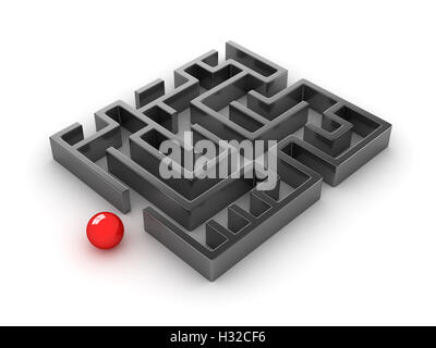 Schwarze Labyrinth und rote Kugel auf dem weißen Hintergrund, ist dies ein 3d Computer generierte Bild gerendert. Isoliert auf weiss. Stockfoto