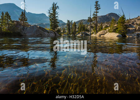 Wasser und Granit am Ufer am See Ropi in der Trostlosigkeit Wildnis, Eldorado National Forest, Kalifornien, USA Stockfoto