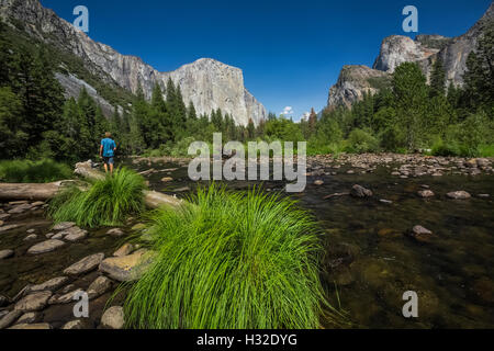 Max Rentz im Yosemite Valley, Merced River, El Capitan fern Talblick im Yosemite Nationalpark, Kalifornien, USA Stockfoto