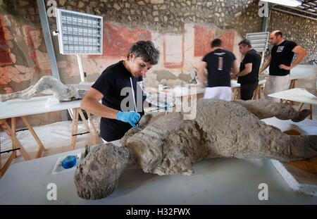 86 Abgüsse von archäologischen Ausgrabungen von Pompeji unterliegen einer Intervention der Erholung und der Wiederherstellung zu anthropologischen Stockfoto