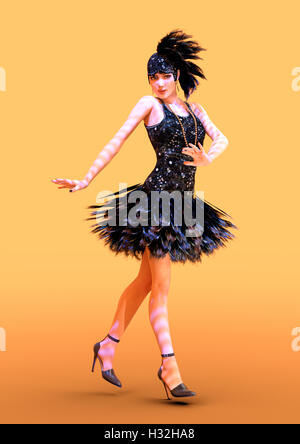 3D-Rendering einer weiblichen Flapper-Tänzerin auf orangem Hintergrund Stockfoto