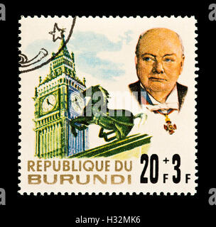 Briefmarke aus Burundi, Sir Winston Churchill und Big Ben, London, Tod von Churchill darstellen. Stockfoto