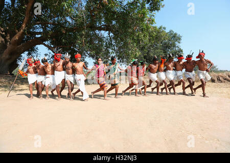 Stammes-Leute Durchführung Ghotul Halaki Tanz während der Trauung, Gond Stamm, Chavela Dorf, Gadchiroli, Maharashtra, In Stockfoto