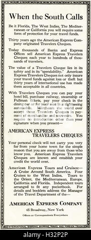 1920 Werbung aus original alten Vintage American Magazin der 1920er Jahre Werbung Werbung American Express Travelers Cheques Stockfoto
