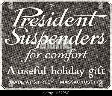 1920-Anzeige aus original alten Vintage American Magazin 1920er Jahre Werbung Werbung Präsident Hosenträger von Shirley Massachusetts USA Stockfoto
