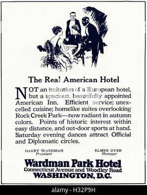 1920-Anzeige aus original alten Vintage American Magazin 1920er Jahre Werbung Werbung Wardman Park Hotel Washington DC USA Stockfoto