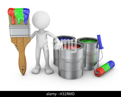 Ein Mann mit einem Pinsel und Dosen. 3D Render. Stockfoto