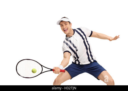 Tennisspieler, die mit dem Tennisspielen auf weißen Hintergrund isoliert Stockfoto