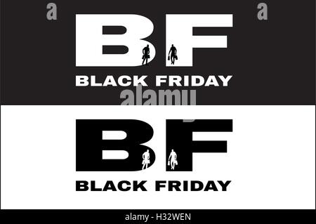 Schwarzer Freitag Werbung 25. November 2016. Menschen-Silhouetten einkaufen. Zwei Banner Poster Illustration. Vektor. Stock Vektor