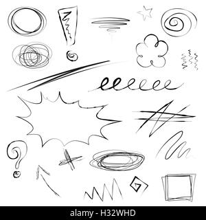 Satz von Kritzeleien, skizzenhaften hand gezeichnete Bilder, Pfeil, Zeichen, betont, Schleifen, Wirbel, Marken, Kreuz, Zick-Zack. Kritzeleien isoliert auf weiss. Vektor-Illustration. Stock Vektor