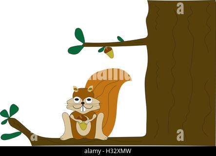 Cartoon Karikatur Eichhörnchen hält Eichel sitzt in einem Baum. Stock Vektor
