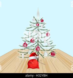 Geschmückter Weihnachtsbaum mit Spielzeug. Neujahr-Dekorationen. Geschenke vom Weihnachtsmann. Abbildung Stock Vektor