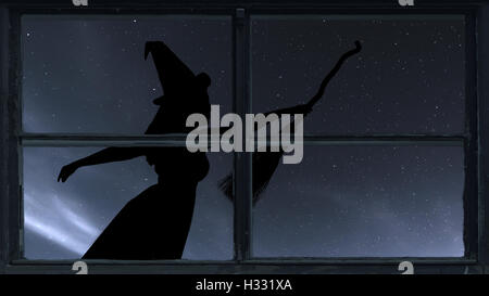 Halloween Hexe Silhouette mit Besen fliegen. Fenster zu sehen. Stockfoto
