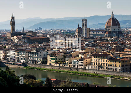 Blick vom Piazzale Michelangelo, Fluss Arno, Palazzo Vecchio, Dome und Kathedrale von Santa Maria del Fiore, Florenz, Toskana Stockfoto