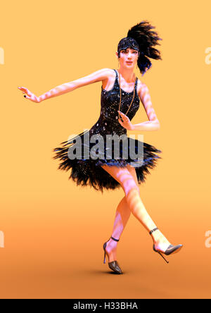 3D-Rendering einer weiblichen Flapper-Tänzerin auf orangem Hintergrund Stockfoto