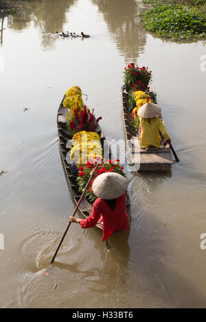 Ernte Blume auf Boot in Vietnam während der Ferien Stockfoto