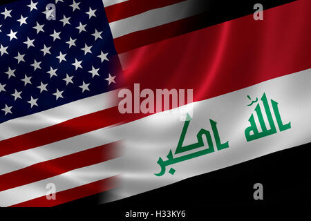 Zusammengeführte amerikanische und irakische Flagge auf seidige Textur. Konzept der langen historischen Beziehungen und oft Spannungen zwischen den zwei Ländern. Stockfoto
