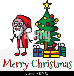 Frohe Weihnachten-Illustrationen mit Hand gezeichnet, doodled Santa, Baum und Geschenke. Auf weißem Hintergrund. Stock Vektor