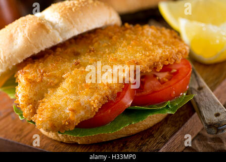 Eine köstliche hausgemachte Fisch-Burger mit Salat und Tomate auf einem Brötchen. Stockfoto