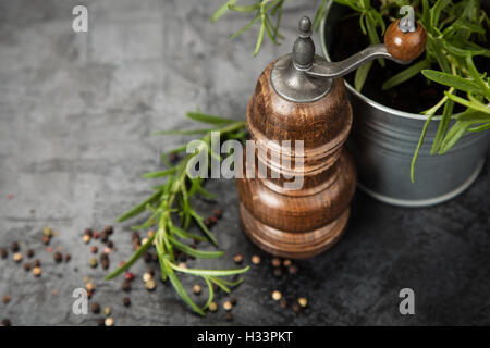 Pfeffermühle auf dunklem Hintergrund Stockfoto