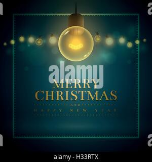 Alten Stil warm Lampen hängen Bokeh Nacht Hintergrund. Vektor-Banner-Illustration. Frohe Weihnachten und Happy New Year Text. Stock Vektor