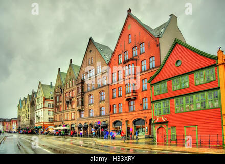 Ansicht des berühmten Bryggen-Viertel in Bergen - UNESCO-Weltkulturerbe in Norwegen Stockfoto