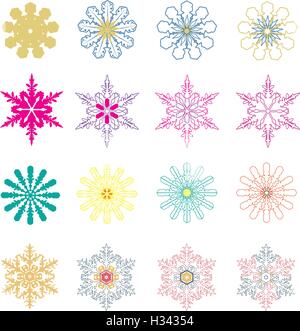 Vektor-Illustration eines bunten Schneeflocken-Sets Stock Vektor