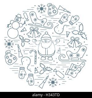 Vektor-Illustration der verschiedenen Neujahr und Weihnachten Symbole in einem Kreis angeordnet. Winter-Elementen in Linienstil aus. Stock Vektor