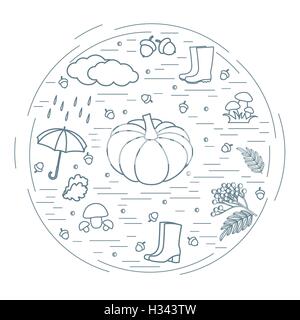 Vektor-Illustration von verschiedenen Herbst Saison Symbolen, die in einem Kreis angeordnet. Herbstliche Elemente in Linienstil gemacht. Stock Vektor