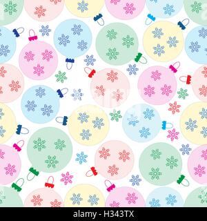 Winter nahtloses Muster mit verschiedenen farbigen Weihnachtskugeln mit Schneeflocken auf einem weißen Hintergrund. Stock Vektor