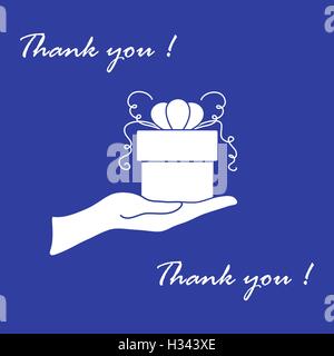 Niedliche Bild mit Hand, ein Geschenk und eine Inschrift: Ich danke Ihnen auf einem farbigen Hintergrund. Stock Vektor