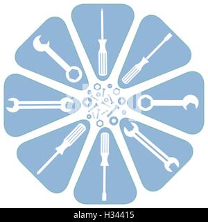 Schönes Bild von einem farbigen Schema mit verschiedenen Werkzeugen auf weißem Hintergrund Stock Vektor