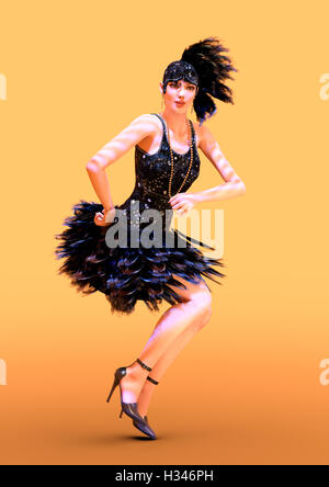 3D-Rendering einer weiblichen Flapper-Tänzerin auf orangem Hintergrund Stockfoto