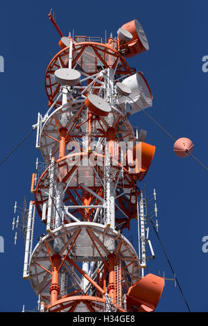 Funkturm-Technologie auf der Insel Helgoland (Helgoland), Nordsee Deutschland. Blauer Himmel und Sonnenschein Stockfoto