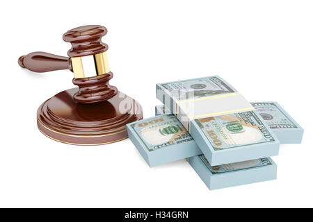 Hammer, Dollar, Recht und Geld-Konzept. 3D-Rendering isoliert auf weißem Hintergrund Stockfoto