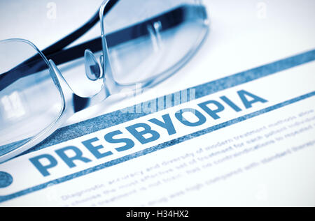 Diagnose - Presbyopie. Medizinisches Konzept. 3D Illustration. Stockfoto