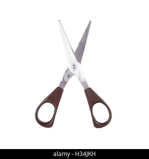 -Schere-Papier isoliert auf weiss Stockfoto