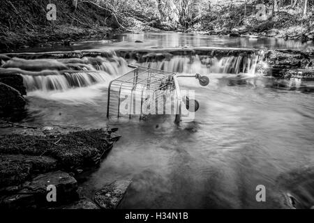 Einkaufswagen in einen Fluss geworfen Stockfoto