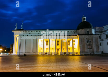Vilnius, Litauen. Nacht oder Abend Blick auf Kathedrale Basilica Of St. Stanislaus und St. Vladislav am Domplatz. Blu Stockfoto