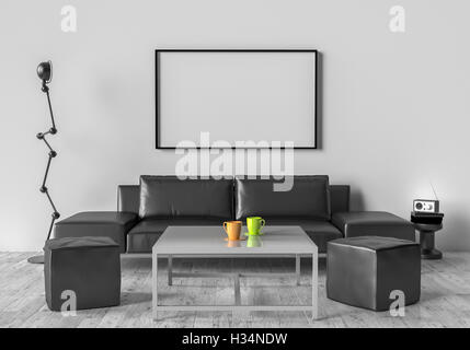 Wohnzimmer, Sofa, zwei Hocker und Tisch. An der Wand von einem leeren Grafikrahmen. 3D illustration Stockfoto