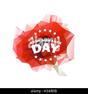 niedrige polygonalen roten Mohn Symbol mit Gedenktag Worte-Illustration isoliert auf weiss Vektor Stock Vektor